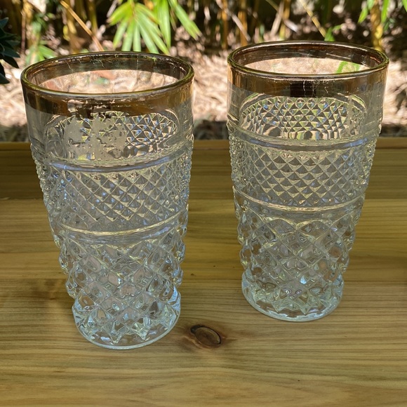 Hollywood Regency Pressed Highball Water Glass Gold Rim set of 4 - Picture 2 of 6